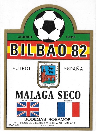 ETIQUETA DE VINO MALAGA SECO BODEGAS ROSAMOR BILBAO 82 FUTBOL ESPAÑA