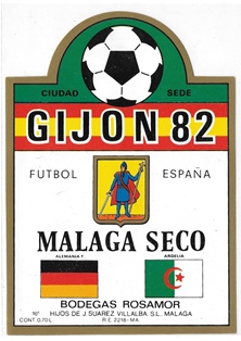 ETIQUETA DE VINO MALAGA SECO BODEGAS ROSAMOR GIJON 82 FUTBOL ESPAÑA
