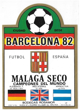 ETIQUETA DE VINO MALAGA SECO BODEGAS ROSAMOR BARCELONA 82 FUTBOL ESPAÑA