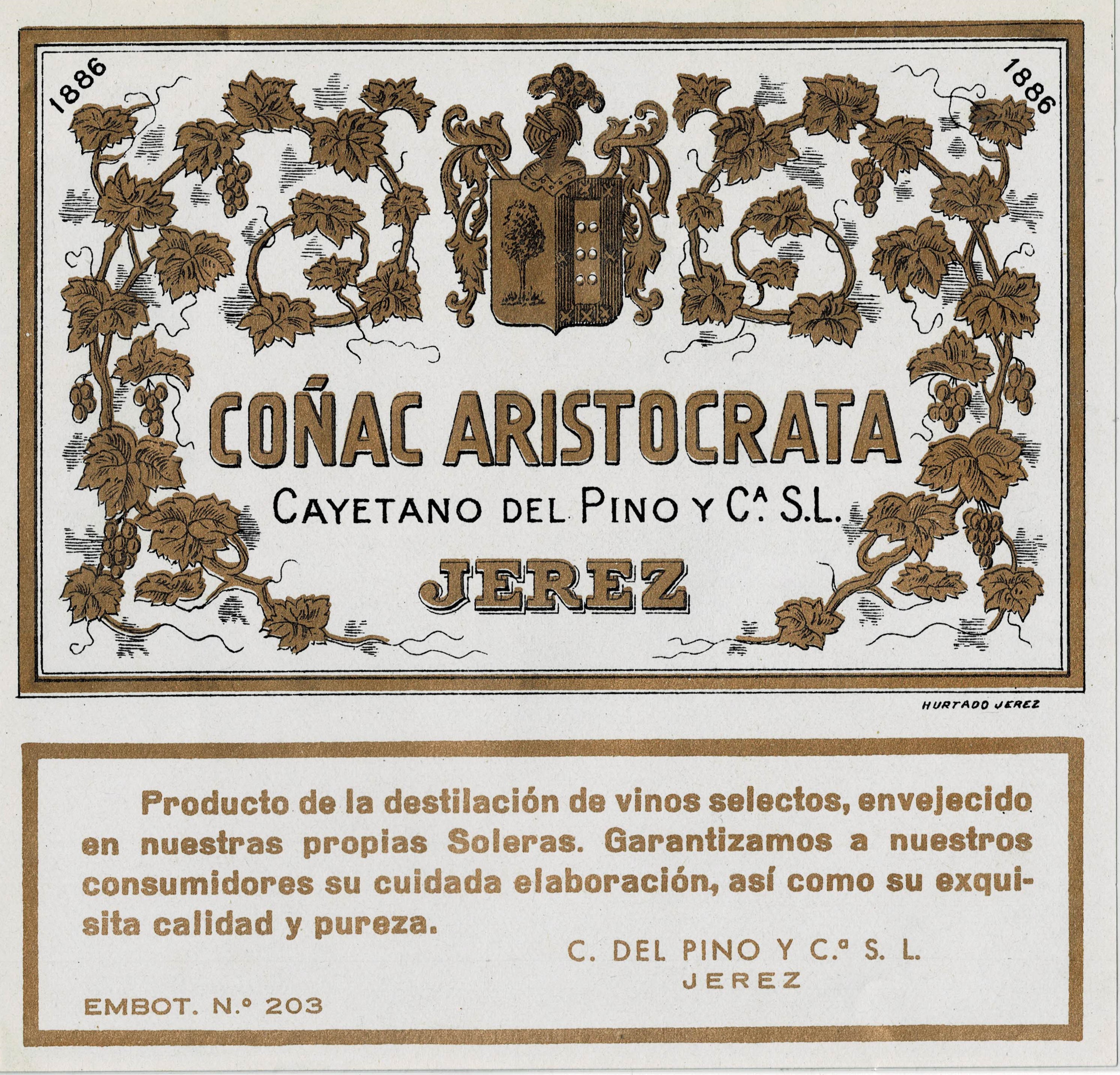 ETIQUETA COÑAC ARISTOCRATA. CAYETANO DEL PINO Y Cª. S.L. JEREZ