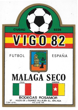 ETIQUETA DE VINO MALAGA SECO BODEGAS ROSAMOR VIGO 82 FUTBOL ESPAÑA