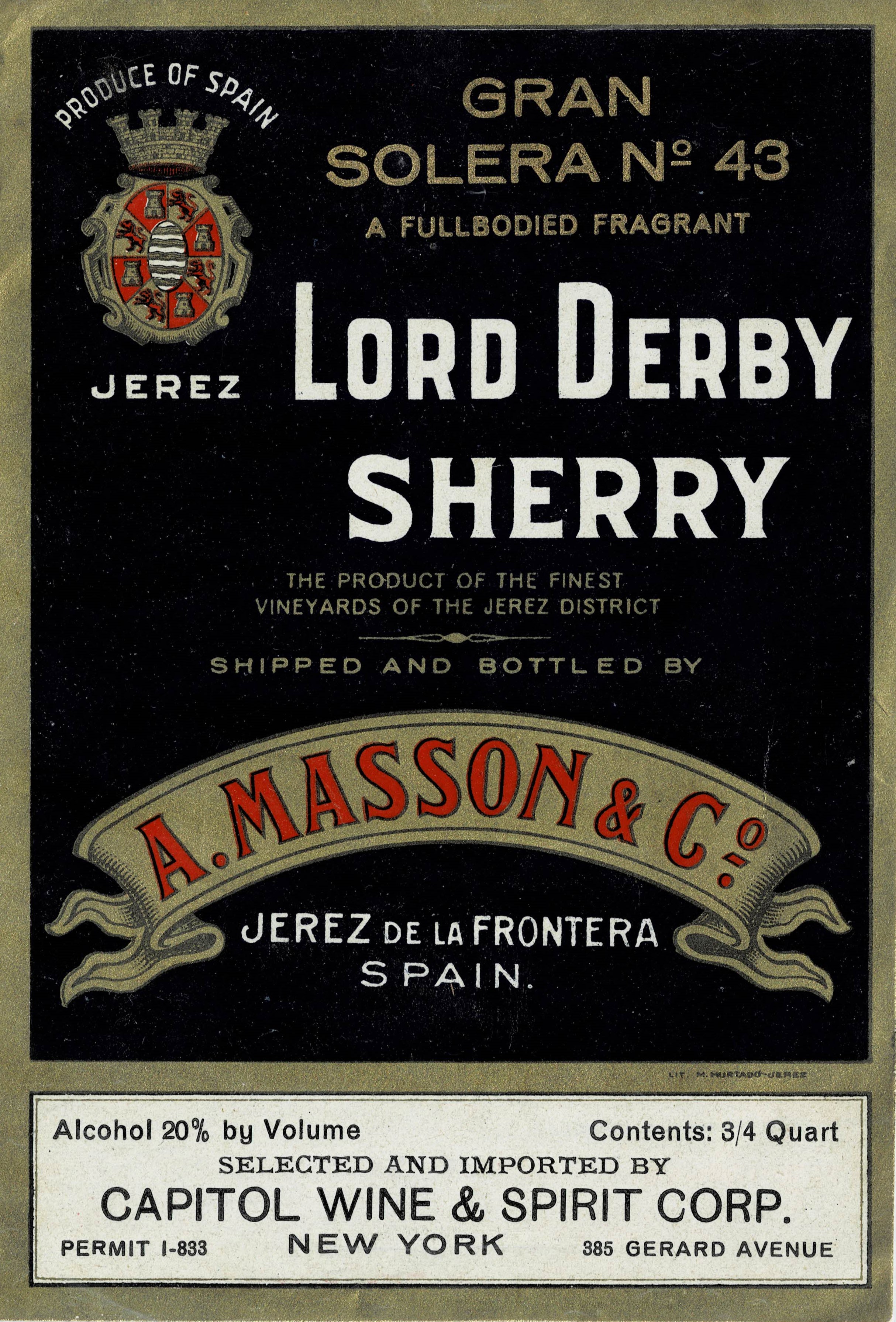 ETIQUETA VINO GRAN SOLERA Nº 43. LORD DERBY SHERRY. A. MASSON & Cº. JEREZ