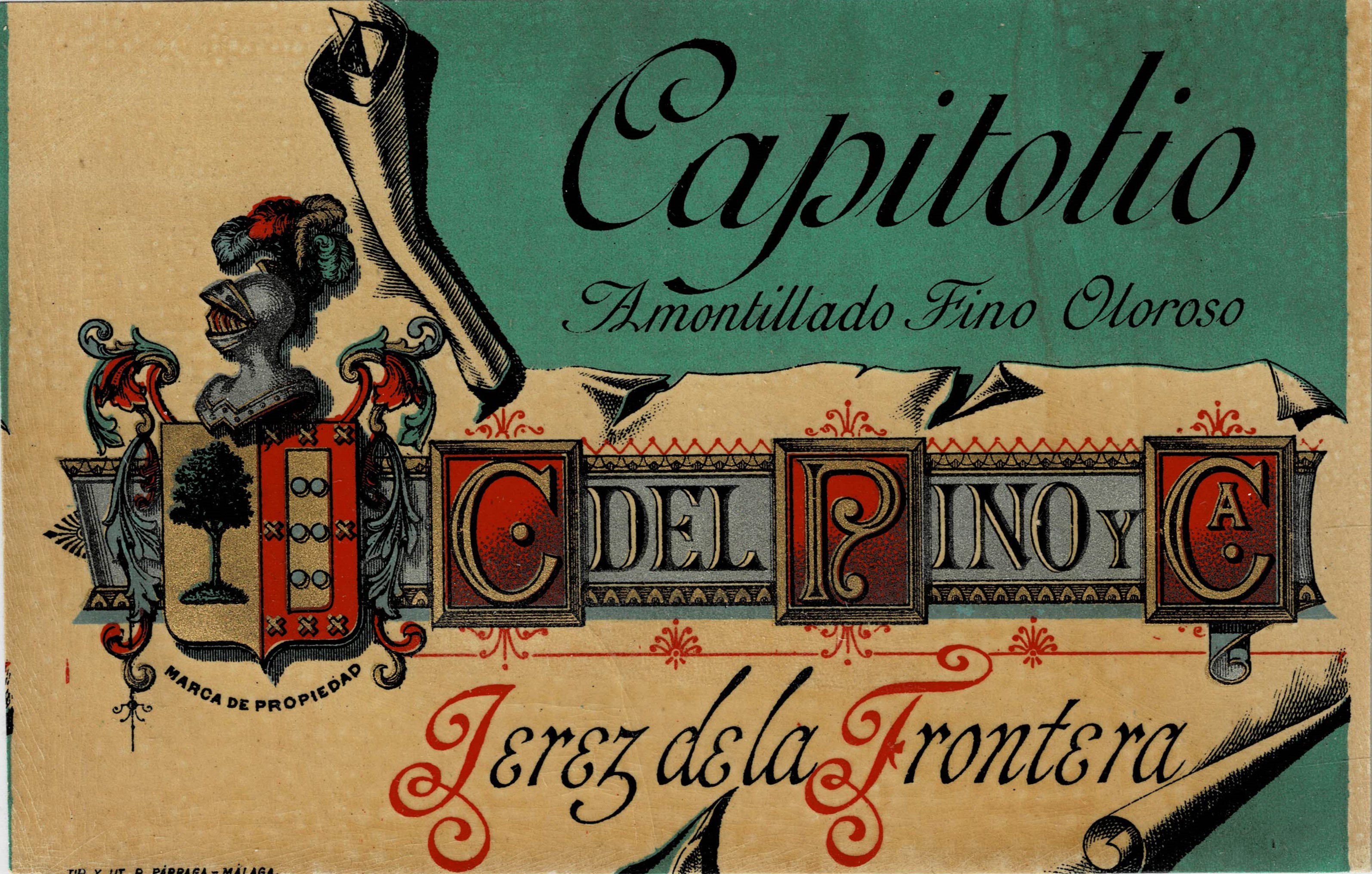 ETIQUETA VINO CAPITOLIO. AMONTILLADO FINO OLOROSO. C. DEL PINO Y CA. JEREZ