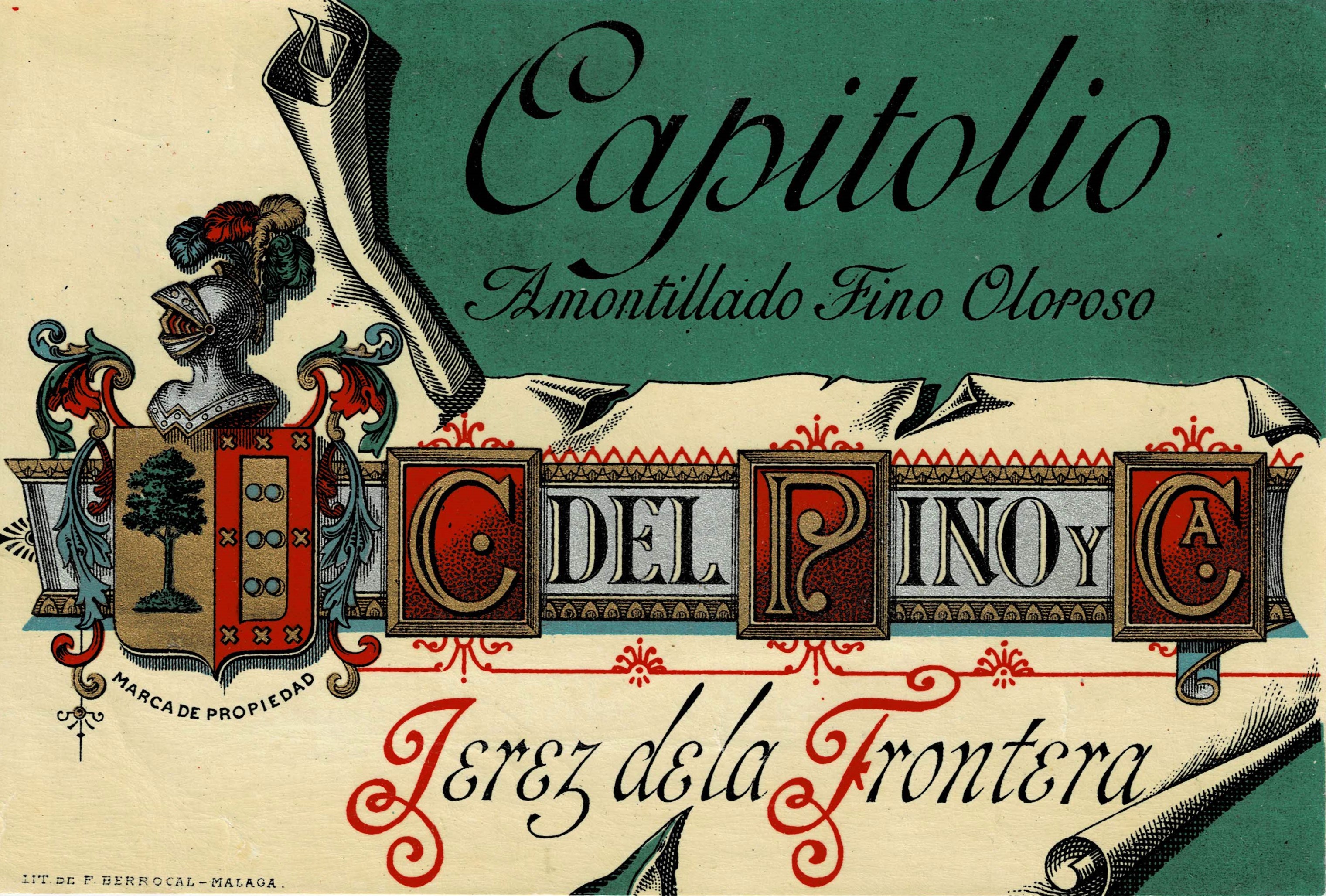 ETIQUETA VINO CAPITOLIO. AMONTILLADO FINO OLOROSO. C. DEL PINO Y CA. JEREZ