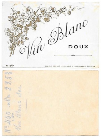 ETIQUETA DE VINO VIN BLANC DOUX (NOTAS EN REVERSO)