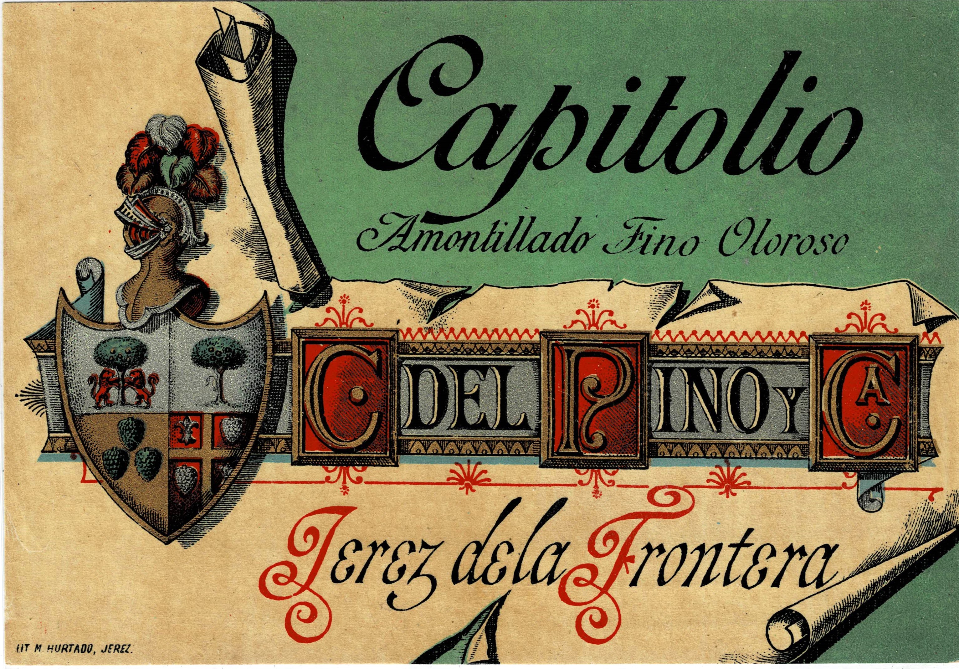 ETIQUETA VINO CAPITOLIO. AMONTILLADO FINO OLOROSO. C. DEL PINO Y CA. JEREZ