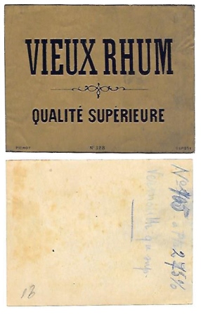 ETIQUETA DE VINO VIEUX RHUM QUALITE SUPERIEURE (NOTAS EN REVERSO)
