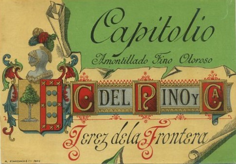 ETIQUETA VINO CAPITOLIO. AMONTILLADO FINO OLOROSO. C. DEL PINO Y CA. JEREZ