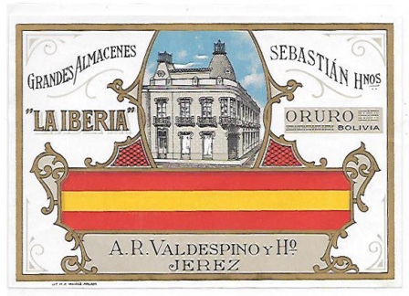 ETIQUETA DE VINO VALDESPINO Y HO. JEREZ. GRANDES ALMACENES SEBASTIAN HNOS, LA IBERIA