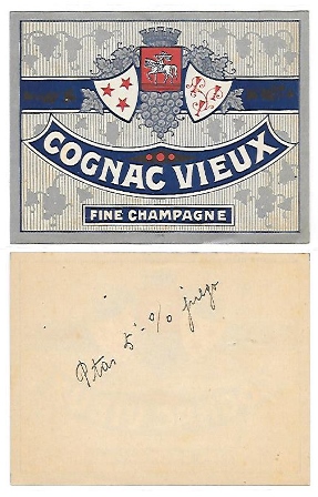 ETIQUETA DE VINO COGNAC VIEUX FINE CHAMPAGE, PARIS