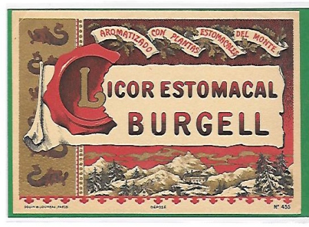ETIQUETA DE VINO LICOR ESTOMACAL BURGELL, AROMATIZADO CON PLANTAS ESTOMACALES DEL MONTE