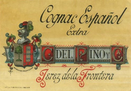 ETIQUETA DE COGNAC ESPAÑOL EXTRA. C. DEL PINO Y CA. JEREZ