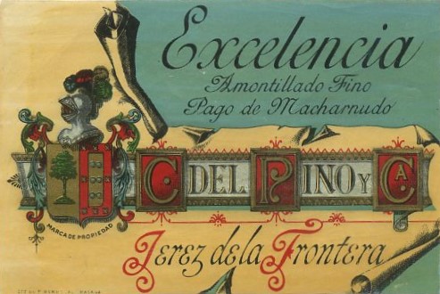 ETIQUETA VINO EXCELENCIA. AMONTILLADO FINO. PAGO DE MACHARNUDO. C. DEL PINO Y CA. JEREZ