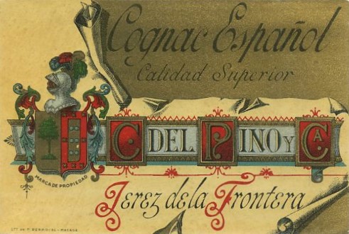 ETIQUETA DE  COGNAC ESPAÑOL CALIDAD SUPERIOR. C. DEL PINO Y CA. JEREZ
