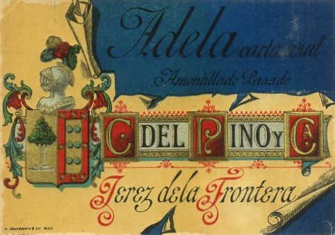 ETIQUETA VINO ADELA CARTA AZUL. AMONTILLADO PASADO. C. DEL PINO Y CA. JEREZ