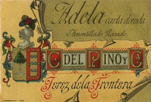 ETIQUETA VINO ADELA CARTA DORADA. AMONTILLADO PASADO. C. DEL PINO Y CA. JEREZ