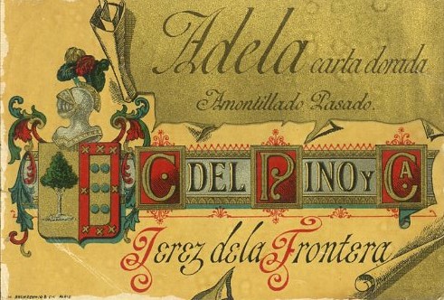 ETIQUETA VINO ADELA CARTA DORADA. AMONTILLADO PASADO. C. DEL PINO Y CA. JEREZ