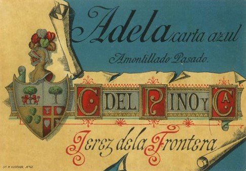 ETIQUETA VINO ADELA CARTA AZUL. AMONTILLADO PASADO. C. DEL PINO Y CA. JEREZ