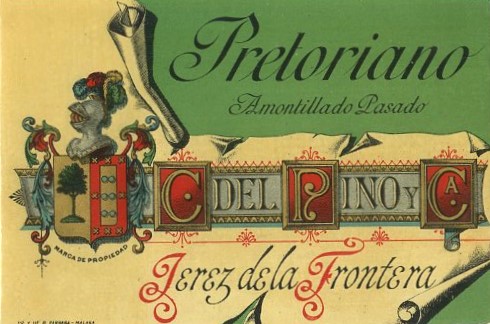 ETIQUETA VINO PRETORIANO AMONTILLADO PASADO. C. DEL PINO Y CA. JEREZ
