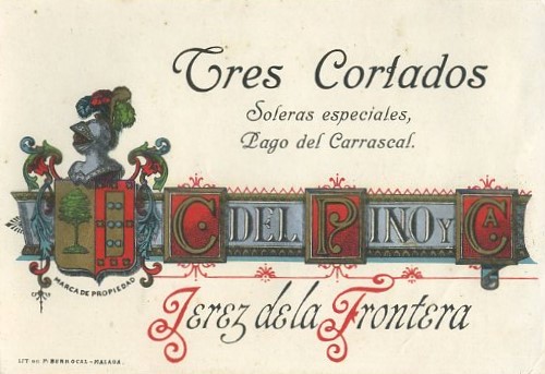 ETIQUETA VINO TRES CORTADOS SOLERAS ESPECIALES, PAGO DEL CARRASCAL. C. DEL PINO Y CA. JEREZ