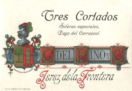 ETIQUETA VINO TRES CORTADOS SOLERAS ESPECIALES, PAGO DEL CARRASCAL. C. DEL PINO Y CA. JEREZ