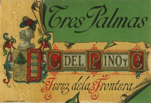 ETIQUETA VINO TRES PALMAS. C. DEL PINO Y CA. JEREZ