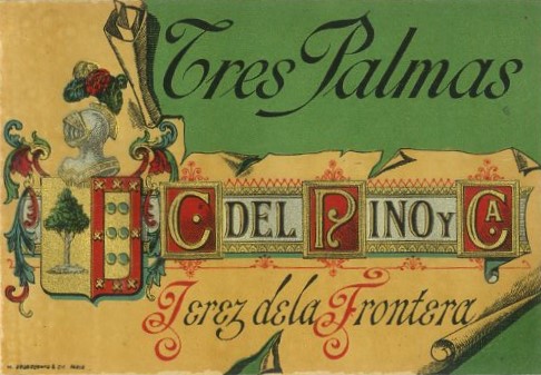 ETIQUETA VINO TRES PALMAS. C. DEL PINO Y CA. JEREZ