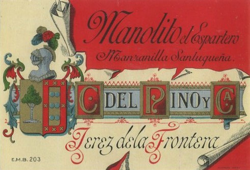 ETIQUETA VINO MANOLITO EL ESPARTERO. MANZANILLA SANLUQUEÑA. C. DEL PINO Y CA. JEREZ