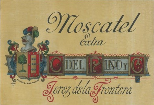ETIQUETA VINO MOSCATEL EXTRA. C. DEL PINO Y CA. JEREZ