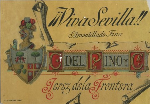 ETIQUETA VINO ¡¡VIVA SEVILLA!! AMONTILLADO FINO. C. DEL PINO Y CA. JEREZ