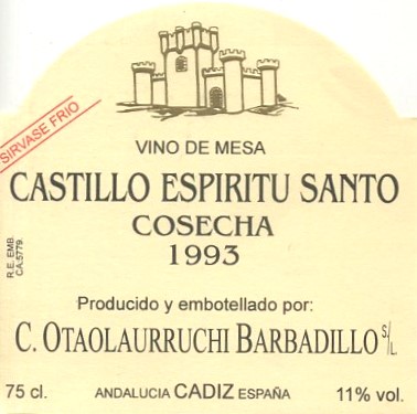 ETIQUETA VINO CASTILLO ESPIRITU SANTO-COSECHA 1993-CADIZ