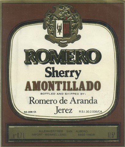 ETIQUETA VINO ROMERO SHERRY AMONTILLADO. ROMERO DE ARANDA- JEREZ