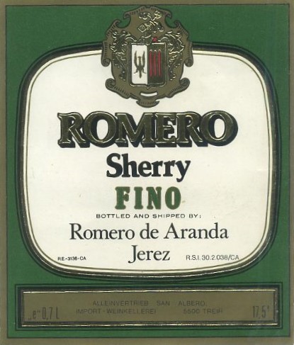 ETIQUETA VINO ROMERO SHERRY FINO. ROMERO DE ARANDA-JEREZ