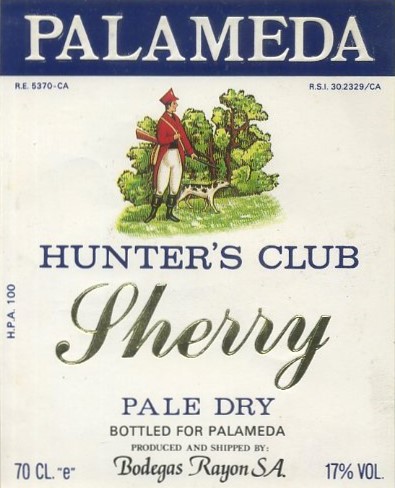ETIQUETA VINO PALAMEDA. HUNTER`S CLUB SHERRY. PALE DRY. BODEGAS RAYON, S.A.