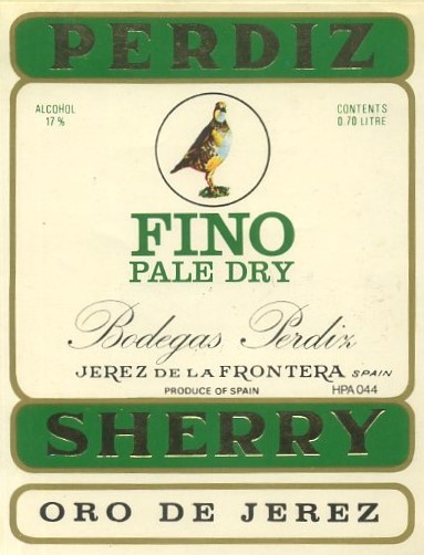 ETIQUETA VINO PERDIZ FINO PALE DRY. BODEGAS PERDIZ- JEREZ FRA. SHERRY. ORO DE JEREZ