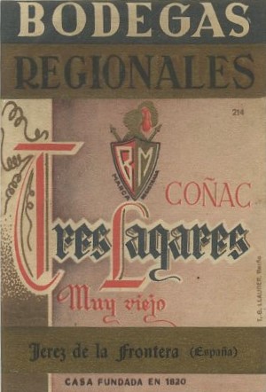 ETIQUETA COÑAC TRES LAGARES MUY VIEJO. BODEGAS REGIONALES- JEREZ FRA.