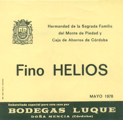 ETIQUETA VINO FINO HELIOS.  BODEGAS LUQUE DONA MENCIA (CORDOBA)