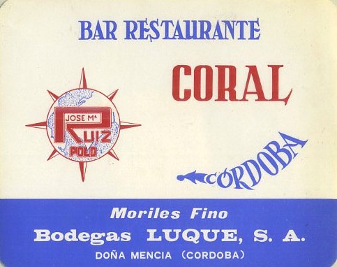 ETIQUETA VINO  MORILES FINO.BAR RESTAURANTE CORAL CORDOBA. JOSE Mª RUIZ POLO.