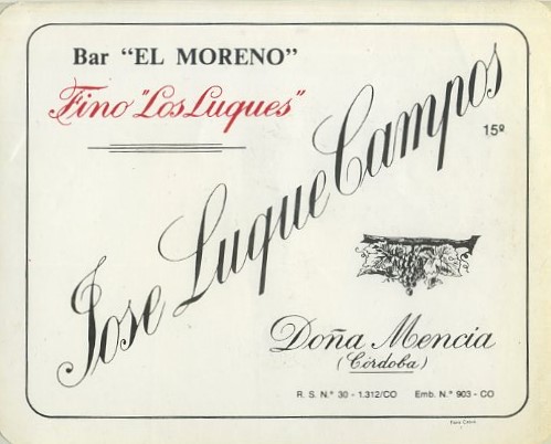ETIQUETA VINO FINO LOS LUQUES. BAR EL MORENO. JOSE LUQUE CAMPOS-DOÑA MENCIA (CORDOBA)