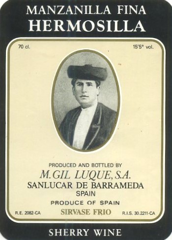 ETIQUETA VINO MANZANILLA FINA HERMOSILLA. M. GIL LUQUE, S.A. SANLUCAR DE BARRAMEDA. SHERRRY WINE