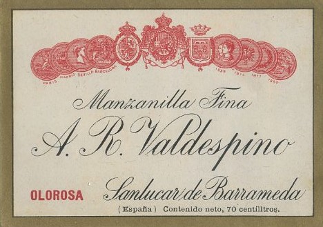 ETIQUETA VINO MANZANILLA FINA OLOROSA. A.R. VALDESPINO SANLUCAR DE BARRAMEDA