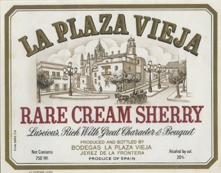 ETIQUETA VINO RARE CREAM SHERRY. LA PLAZA VIEJA- JEREZ FRA.