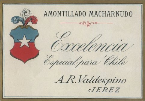 ETIQUETA VINO AMONTILLADO MACHARNUDO. EXCELENCIA. ESPECIAL PARA CHILE. A.R. VALDESPINO JEREZ