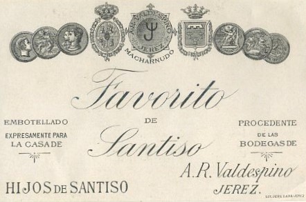 ETIQUETA VINO FAVORITO DE SANTISO. A.R. VALDESPINO JEREZ. MARCHANUDO.