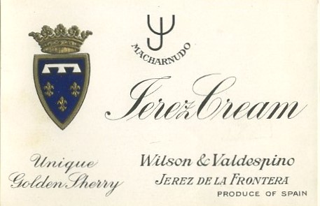 ETIQUETA VINO MACHARNUDO JEREZ CREAM. WILSON & VALDESPINO- JEREZ FRA.  UNIQUE GOLDEN SHERRY