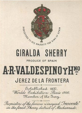 ETIQUETA VINO GIRALDA SHERRY. A.R. VALDESPINO Y HNO. JEREZ FRA.