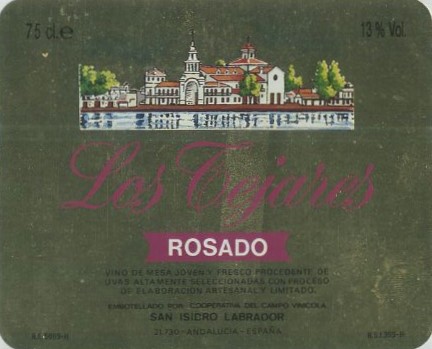 ETIQUETA VINO ROSADO LOS TEJARES. COOPERATIVA DEL CAMPO VINICOLA SAN ISIDRO LABRADOR. ANDALUCIA