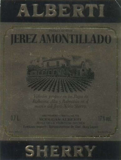 ETIQUETA VINO JEREZ AMONTILLADO ALBERTI. BODEGAS ALBERTI JEREZ FRA. SHERRY