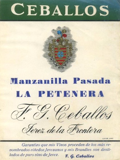 ETIQUETA VINO MANZANILLA PASADA LA PETENERA. F.G. CEBALLOS JEREZ FRA.