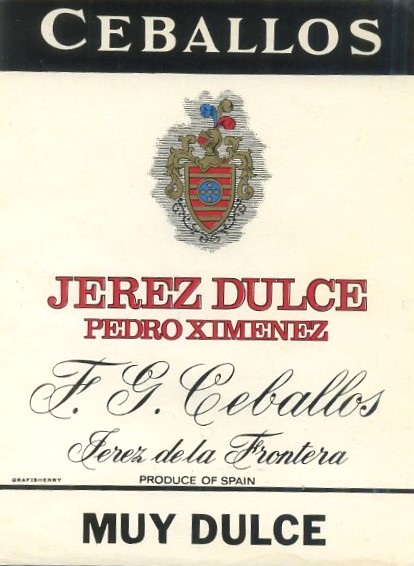 ETIQUETA VINO JEREZ DULCE PERO XIMENEZ. F.G. CEBALLOS JEREZ FRA. MUY DULCE